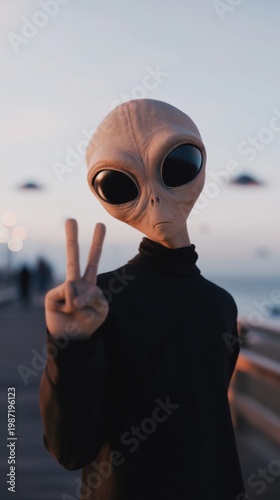 Photorealistic extraterrestrial portrait making a peace sign on a coastal boardwalk at dusk with blurred hovering crafts and shallow depth