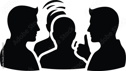 Business meeting and secret conversation with hush gesture and gossip among professionals.