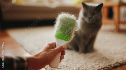 Hand holding lint brush clogged with cat fur in living room with gray cat on rug — pet hair removal and allergen control
