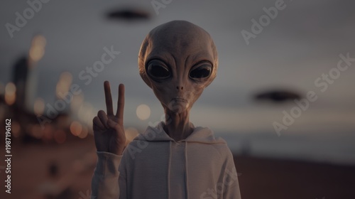 Realistic slender extraterrestrial portrait giving peace sign on a twilight seafront promenade with hovering craft in bokeh