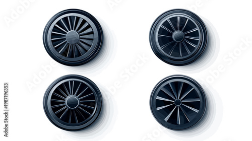 Four stylized dark grey wheels with spokes and center hubs are displayed on a white background
