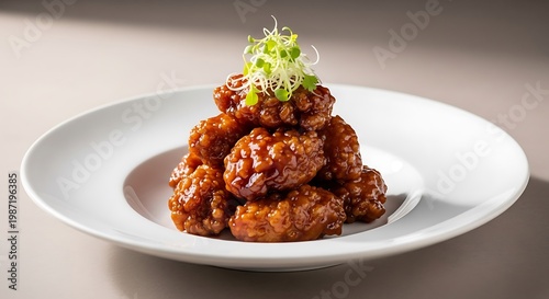 crispy general tso chicken with green onions on white plate close-up. general tso