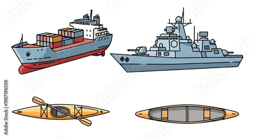 Collection of four different types of watercraft including a cargo ship a warship a kayak and a canoe.