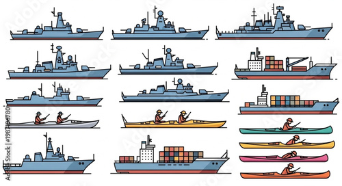 Collection of Naval Ships and Kayaks Illustration.