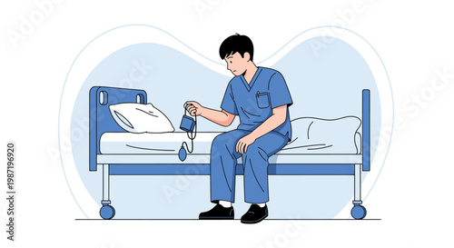Medical professional, hospital bed, blue scrubs, healthcare worker, sitting, patient care, vector illustration