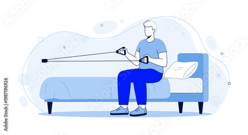 Man exercising with resistance band on bed, home workout routine, fitness illustration, blue and white vector graphic