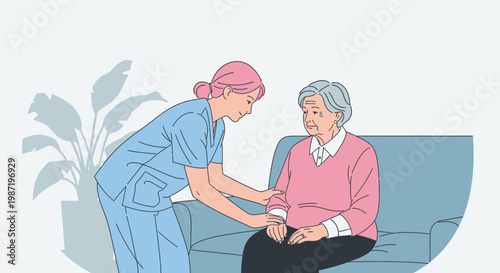 Nursing care, healthcare professional, assisting elderly patient, home support