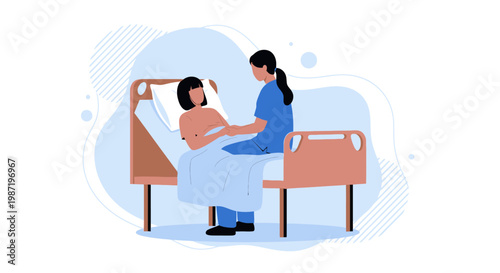 Nurse supporting patient, sitting on hospital bed, healthcare vector illustration, medical support, caregiver comfort