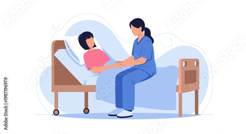 Nurse caring for patient, hospital bed scene, healthcare vector, medical illustration, caregiver support
