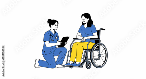 Medical, healthcare, vector illustration, accessibility, disability, doctor, patient, wheelchair, consultation, therapy, blue, yellow