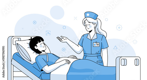 Nurse comforting patient, hospital bed scene, healthcare illustration, medical vector, blue uniform