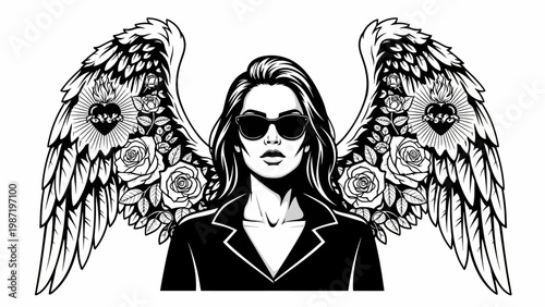 Cool Angel Woman with Sunglasses and Rose Wings, Black and White Pop Art Style