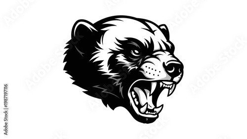 Aggressive Wolverine Head Logo, Fierce Animal Mascot, Black and White Vector Art