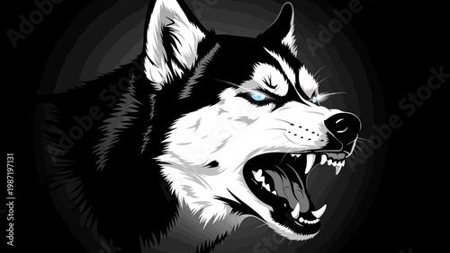 Aggressive Husky Dog Portrait, Fierce Expression, Blue Eyes, Black and White, Dark Background