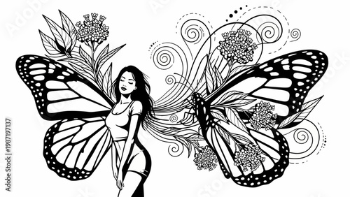 Fantasy Butterfly Woman Illustration - Elegant Fairy with Monarch Wings and Flowers