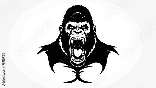 Furious Gorilla Head, Aggressive Ape Roaring, Black and White Vector Art