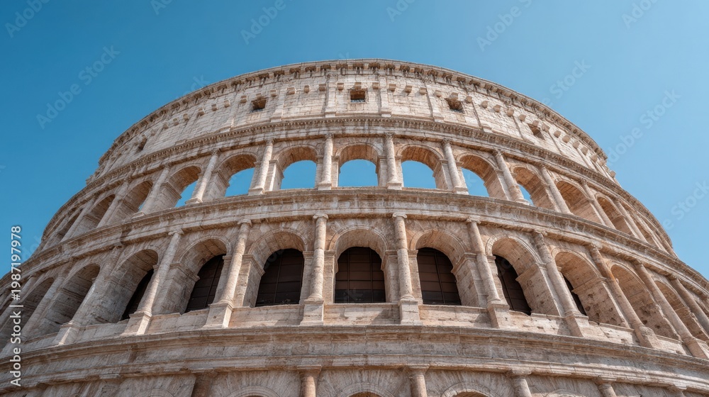 Fototapeta premium Ancient Coliseum Structure Standing Against a Clear Blue Sky with Majestic Arches and Historical Significance in a Stunning Architectural Perspective