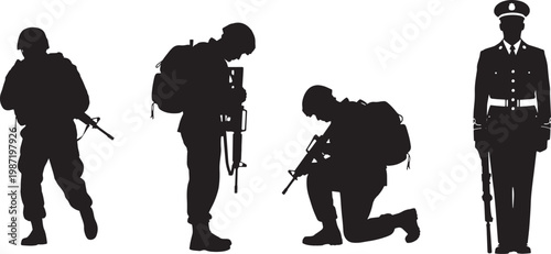 Set of Military Soldier Silhouettes: Combat, Mourning, and Ceremonial Poses

