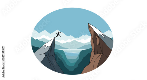 A silhouette of a person jumps between two snowy mountain peaks within a circular frame showing a serene blue sky and lake in a beautiful and inspiring nature setting.