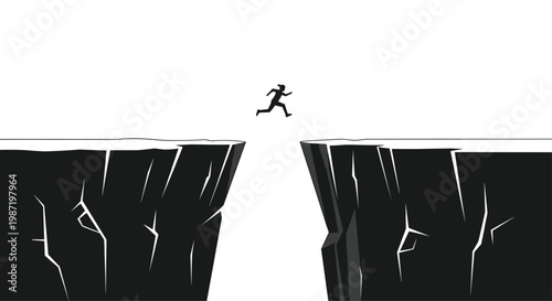 A black silhouette of a person is captured mid-leap between two jagged black cliffs against a stark white background representing a daring and courageous challenge.