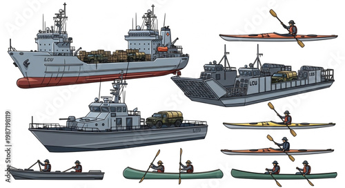 Collection of military ships and kayaks on white background.