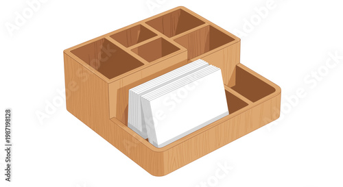 A meticulous wooden desk organizer featuring multiple storage compartments holds a neat stack of white business cards on a clean surface under bright and even studio lighting.