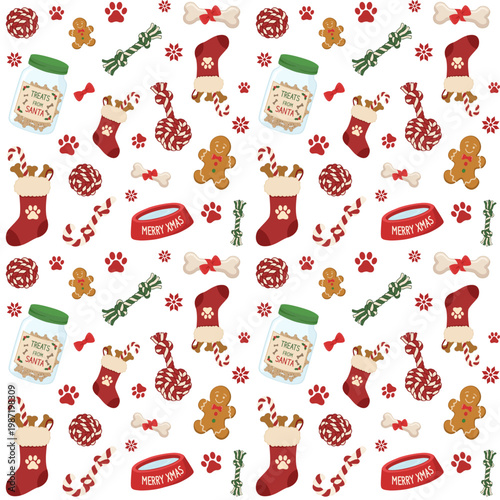Seamless Christmas pet pattern with dog toys gingerbread man stockings and treats from santa on a transparent background
