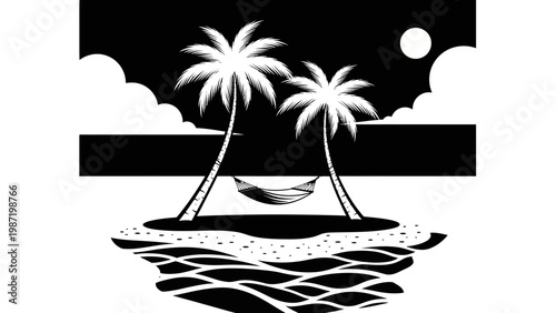 Tropical Island Paradise: Palm Trees, Hammock, Ocean Waves, Moonlit Night