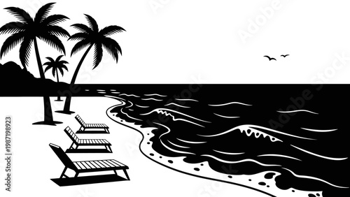 Tropical Beach Paradise: Palm Trees, Lounge Chairs, and Ocean Waves