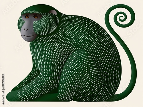 Stylized green monkey illustration sitting, primate wildlife graphic, nature stylized design