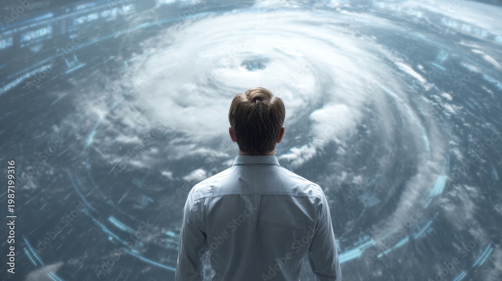 Fototapeta premium Dramatic Satellite View of a Hurricane with a Person Observing the Storm from a Futuristic Screen in a High-Tech Environment