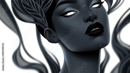 Dark skinned fantasy elegant woman with glow white eyes and intricate leaf details on wavy hair