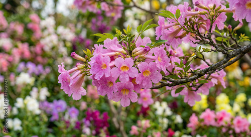 Vibrant pink azalea flowers in a colorful garden background