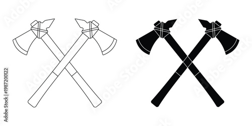 Large collection of black axe silhouettes including wood hatchets tomahawks and lumberjack tools for carpentry outdoor camping and woodcutting design projects isolated on white