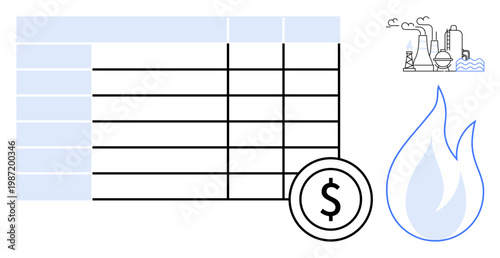 Energy management, financial planning, pricing strategies, industrial development, sustainability, cost assessment. Graphic shows a table, money symbol flame and industrial plant. Energy management