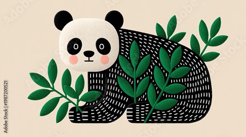 Panda animal art illustration peeking from green leaves, cute wildlife graphic design element