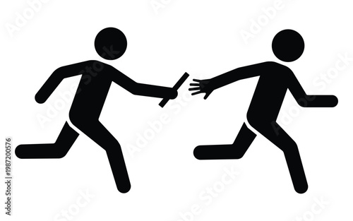 Two stick figures running and passing a baton in a relay race 