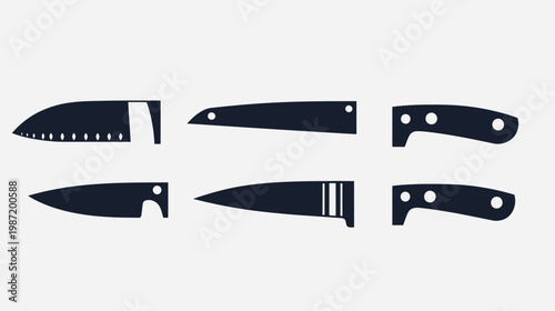 Silhouetted collection of various kitchen knives with different blade and handle designs