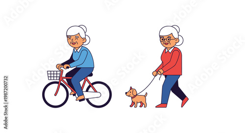 Senior woman walking dog and cycling.