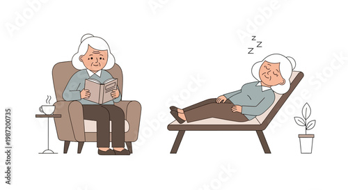 Elderly woman resting and sleeping outdoors.