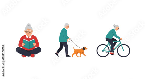 Elderly man sitting reading and walking dog.
