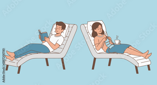 Man and woman on lounge chairs.