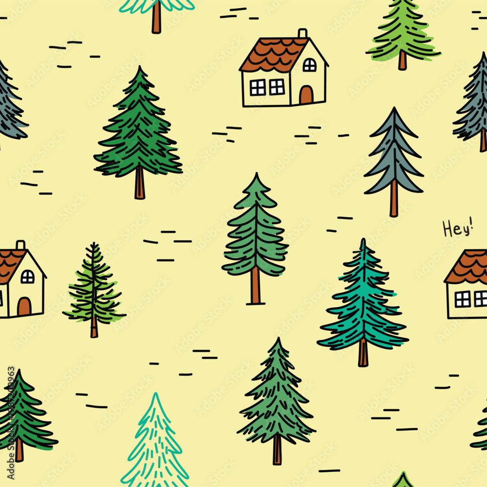 Obraz premium Cute Pine Trees Seamless Pattern with Cartoon Forest Nature Background