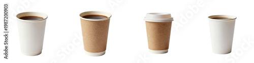 Variety of takeaway coffee cups with brown liquid on a black background