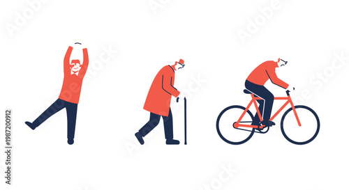 People exercising with bike and walking stick.