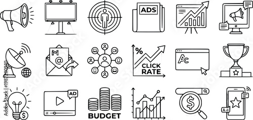 Marketing icons display various promotional tools and business strategies including digital advertising, campaign planning, and audience targeting metrics to optimize commercial success.