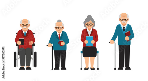 Elderly people with walking aids standing.