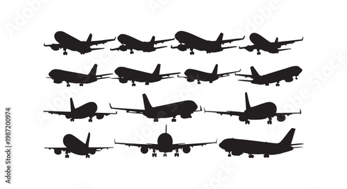 Airplane flight silhouettes vector illustration collection showing commercial passenger planes in various flying angles.