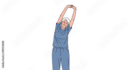 Woman in blue stretching upwards freely.
