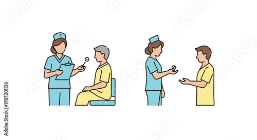 Medical professionals in scrubs interacting.